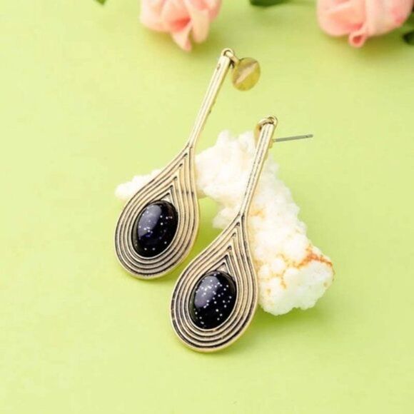 Blue Resin Rhinestone Vintage Gold Drop Dangle Statement Earrings - Picture 7 of 10